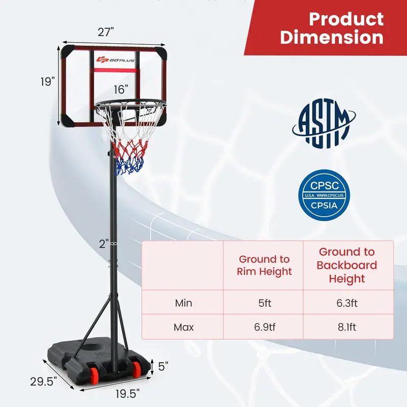 Height-Adjustable Basketball Hoop System (6.3–8.1 FT) with Wheels and Ball Storage
