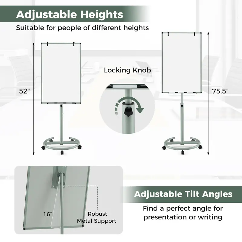Height-Adjustable Mobile Dry Erase Board – 40" x 26" on Stable Round Wheeled Stand 2