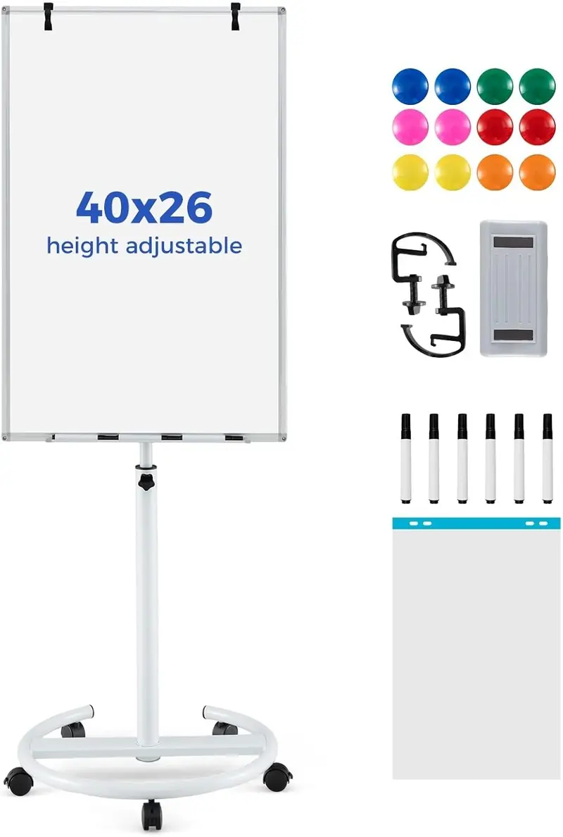 Height-Adjustable Mobile Dry Erase Board – 40" x 26" on Stable Round Wheeled Stand