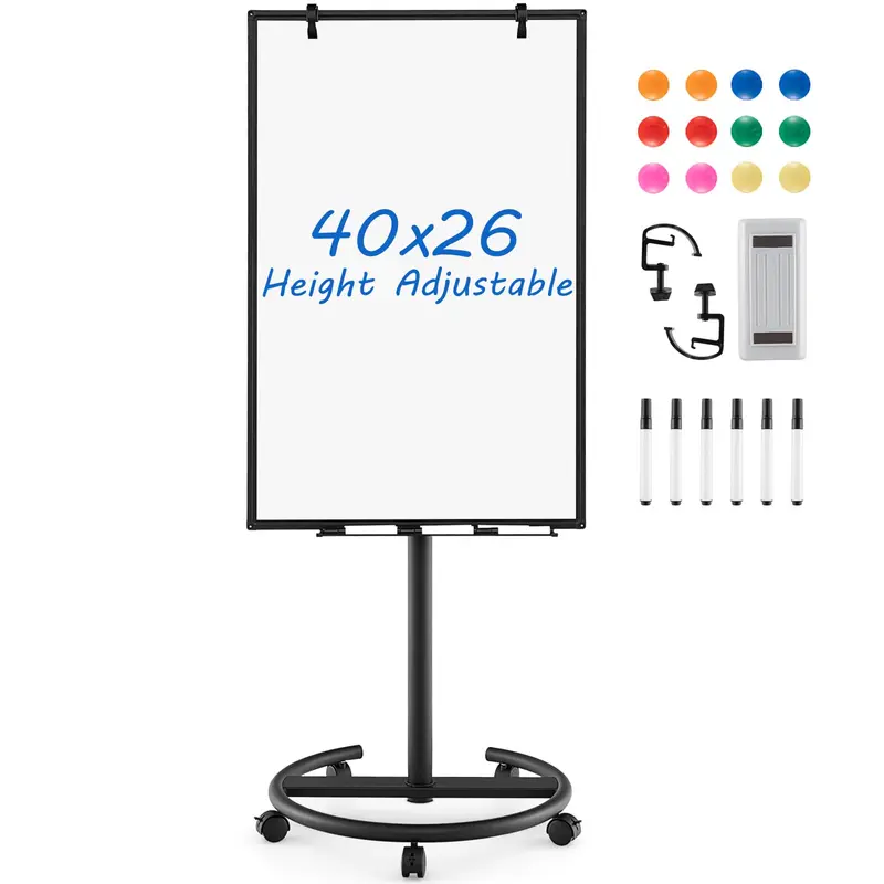 Height-Adjustable Mobile Dry Erase Board – 40" x 26" on Stable Round Wheeled Stand