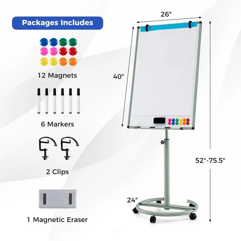 Height-Adjustable Mobile Dry Erase Board – 40" x 26" on Stable Round Wheeled Stand