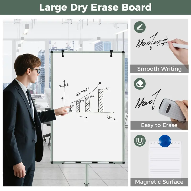Height-Adjustable Mobile Dry Erase Board – 40" x 26" on Stable Round Wheeled Stand