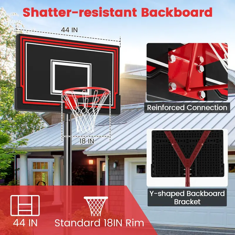 Height-Adjustable Portable Basketball Hoop – Outdoor Goal System with 44" Shatterproof Backboard (7.5–10 ft range)