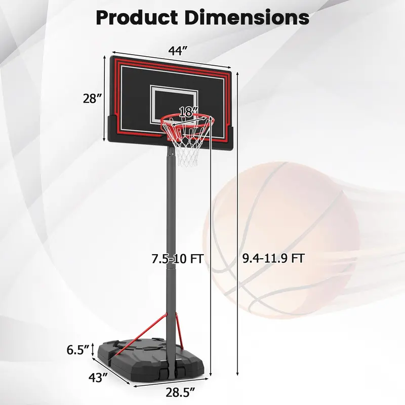Height-Adjustable Portable Basketball Hoop – Outdoor Goal System with 44" Shatterproof Backboard (7.5–10 ft range)