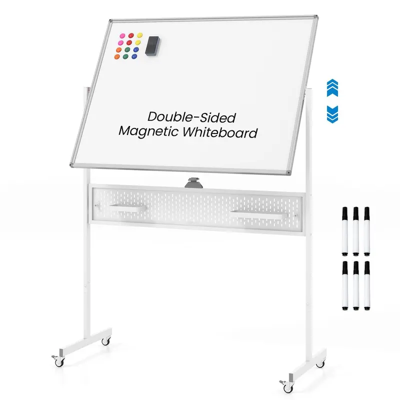Height-Adjustable Rolling Dry Erase Board – 48" x 36" Whiteboard with Pegboard, Storage Hooks, Trays & Magnets