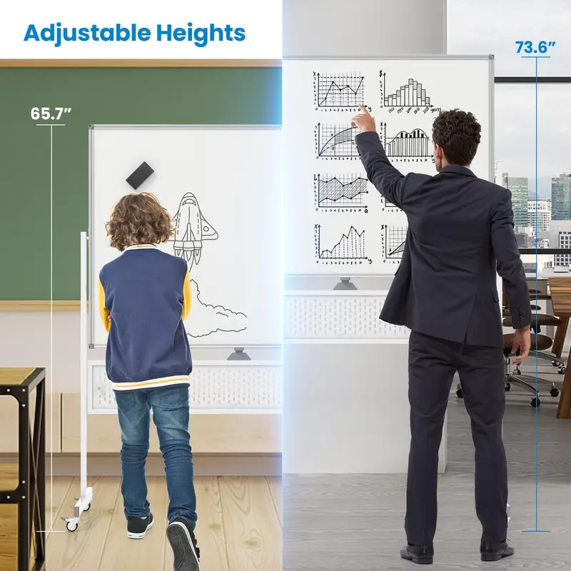 Height-Adjustable Rolling Dry Erase Board – 48" x 36" Whiteboard with Pegboard, Storage Hooks, Trays & Magnets 2