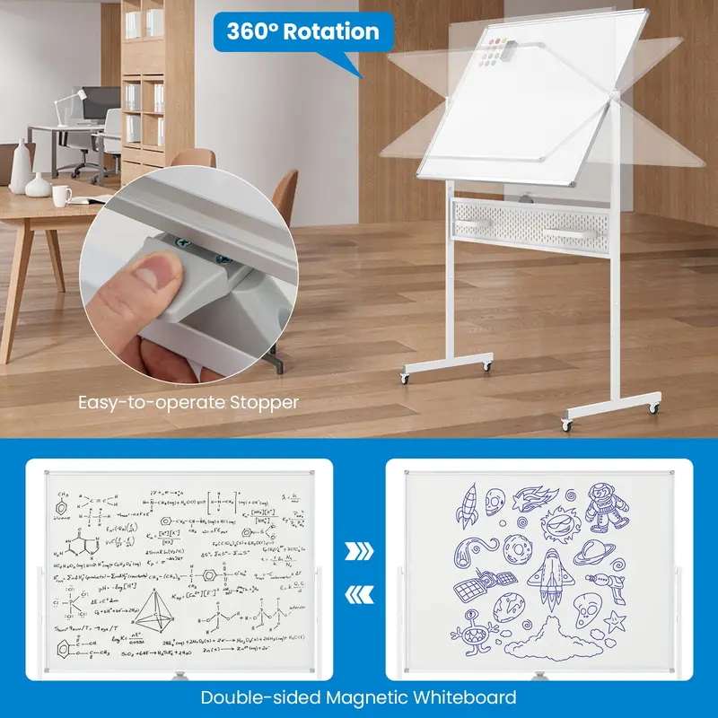 Height-Adjustable Rolling Dry Erase Board – 48" x 36" Whiteboard with Pegboard, Storage Hooks, Trays & Magnets