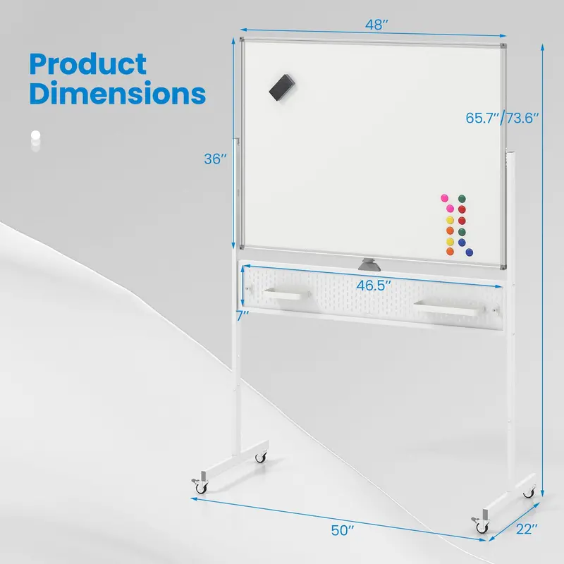 Height-Adjustable Rolling Dry Erase Board – 48" x 36" Whiteboard with Pegboard, Storage Hooks, Trays & Magnets