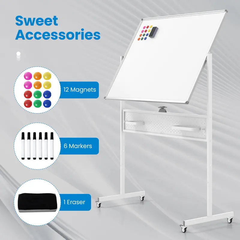 Height-Adjustable Rolling Dry Erase Board – 48" x 36" Whiteboard with Pegboard, Storage Hooks, Trays & Magnets