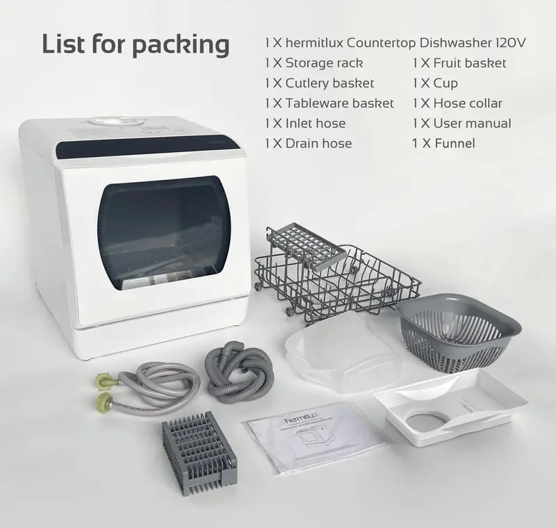 Hermitlux Countertop Dishwasher – 5L Integrated Water Reservoir, Space-Saving Design