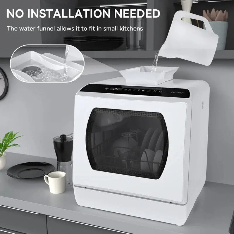 Hermitlux Countertop Dishwasher – 5L Integrated Water Reservoir, Space-Saving Design