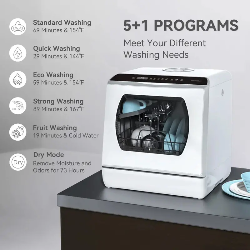 Hermitlux Countertop Dishwasher – 5L Integrated Water Reservoir, Space-Saving Design