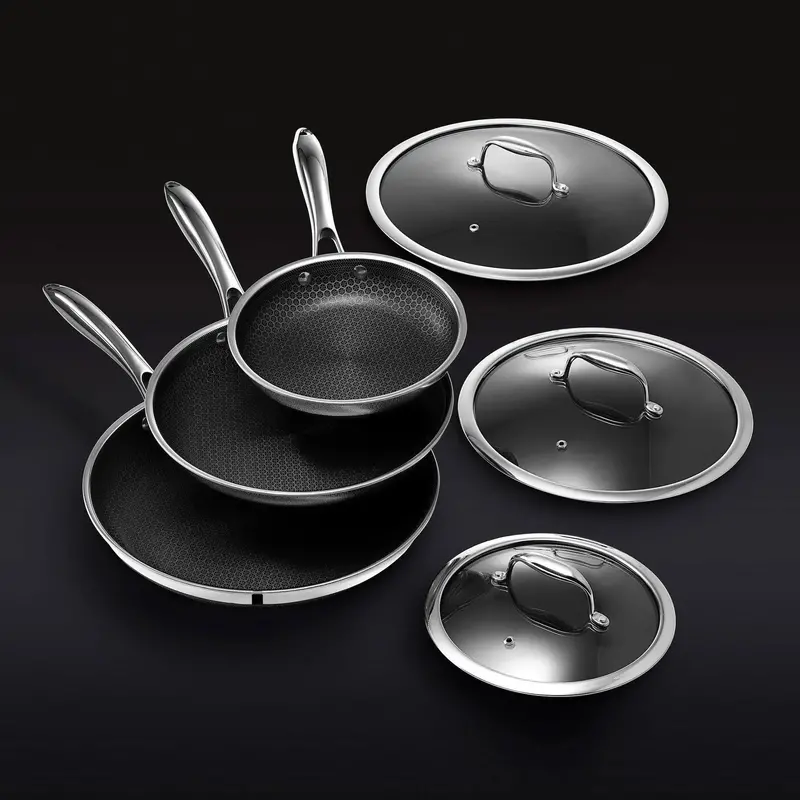 HexClad 6-Piece Hybrid Stainless Steel Cookware Set – Includes 8", 10", 12" Pans & Glass Lids