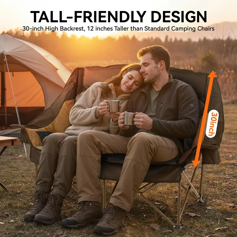 High-Back Double Camping Loveseat – Low-Profile Folding Chair for Two with Cup Holders & 800-Lb Weight Capacity
