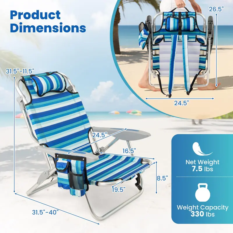 High-Capacity Backpack Folding Chair – 330 lb Support, Four-Position Recline & Adjustable Headrest