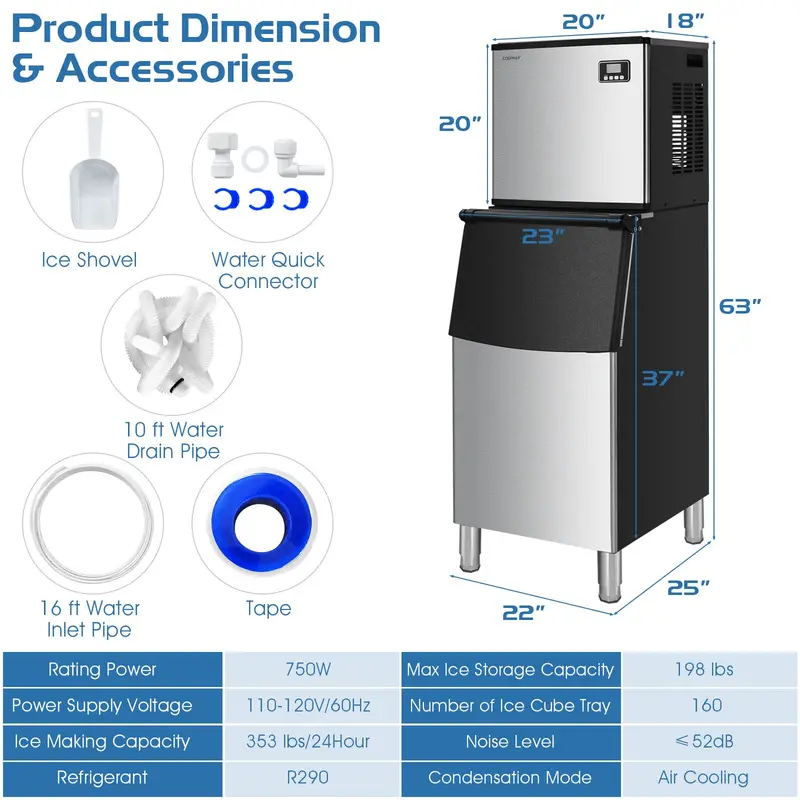 High-Capacity Split Commercial Ice Machine – 353 lbs/24 Hours with 198 lbs Vertical Storage Bin