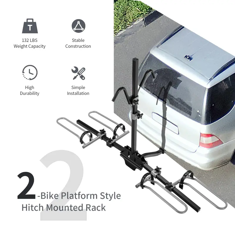 Hitch-Mount Bike Carrier – Folding 2-Bike Platform Rack Compatible with Mountain & Hybrid Bikes