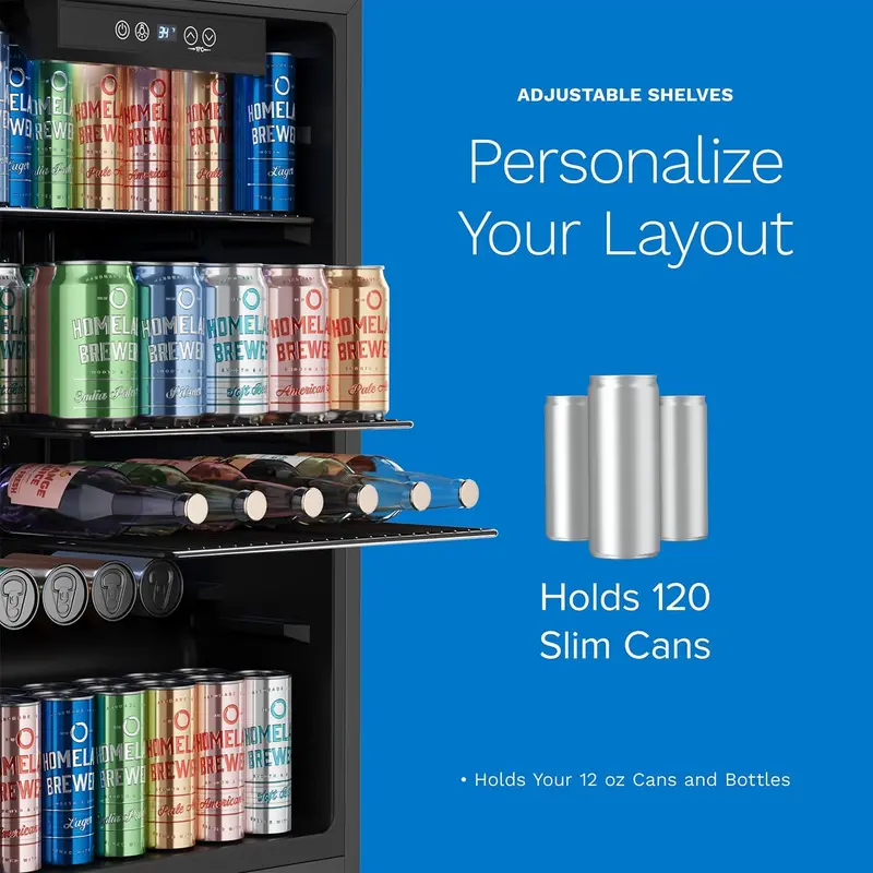 hOmeLabs 120-Can Beverage Cooler – Slim Glass-Door Mini Fridge with Removable Shelves and Space-Saving Design for Bar or Office