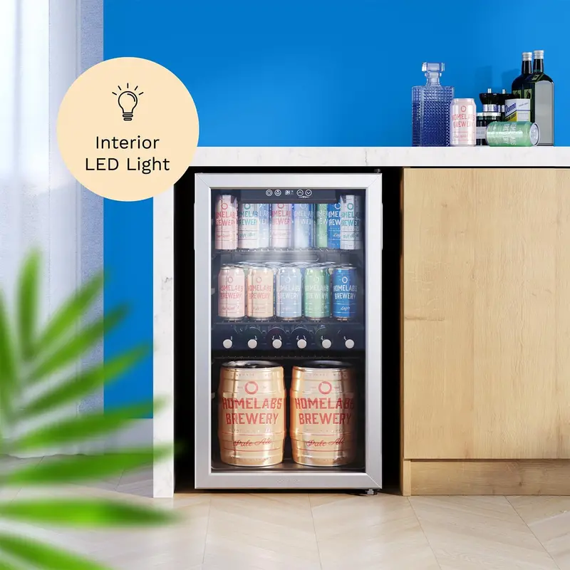 hOmeLabs 120-Can Beverage Cooler – Slim Glass-Door Mini Fridge with Removable Shelves and Space-Saving Design for Bar or Office