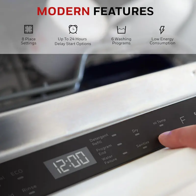 Honeywell 18-Inch Energy Star-Certified Dishwasher – Stainless Steel Tub, 8-Place Setting Capacity, 6 Wash Cycles