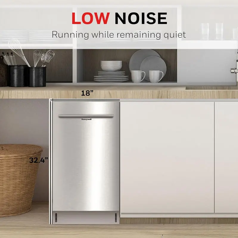 Honeywell 18-Inch Energy Star-Certified Dishwasher – Stainless Steel Tub, 8-Place Setting Capacity, 6 Wash Cycles
