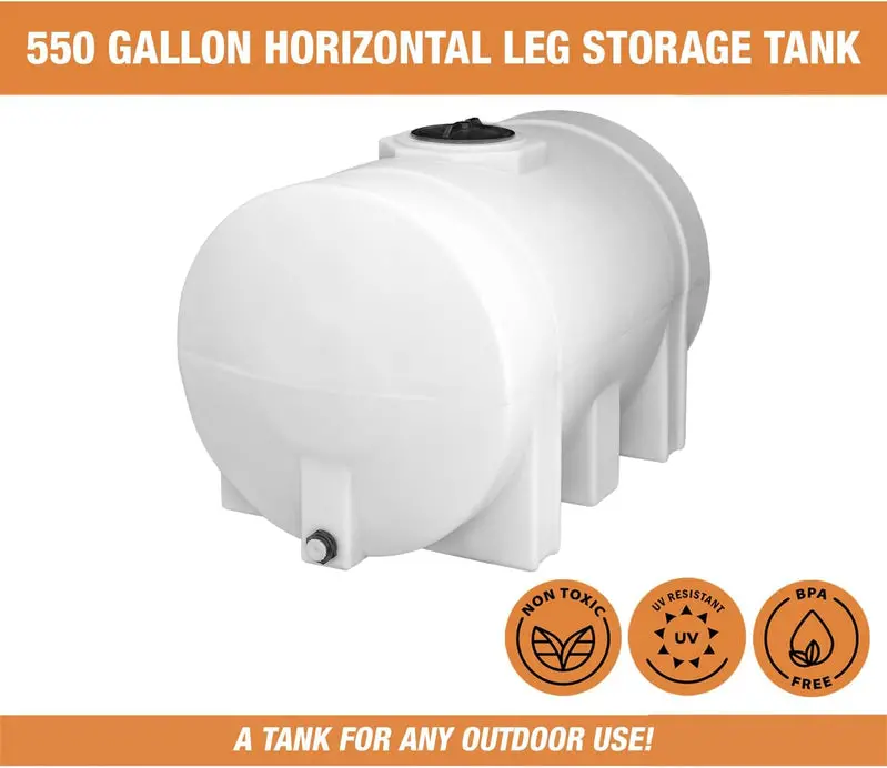 Horizontal Polyethylene Water Storage Tank – 550-Gallon Capacity, Leg-Mounted, USA-Made, Corrosion-Resistant for Potable Water & Non-Flammable Liquids