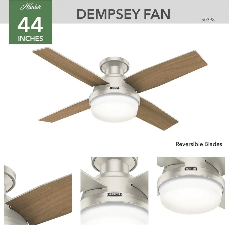 Hunter Dempsey Low-Profile Indoor/Outdoor Ceiling Fan – 44-Inch Matte Nickel Model with Integrated LED Light and Remote