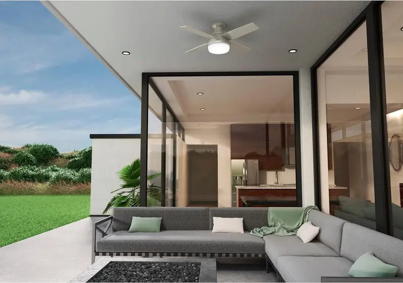 Hunter Dempsey Low-Profile Indoor/Outdoor Ceiling Fan – 44-Inch Matte Nickel Model with Integrated LED Light and Remote