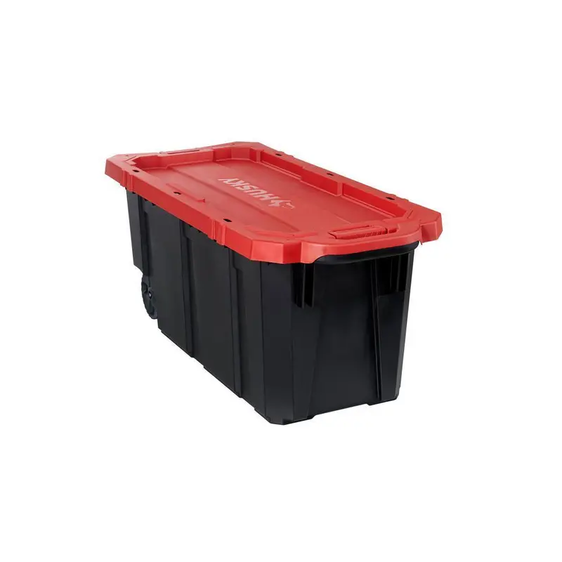Husky 45-Gallon Heavy-Duty Stackable Storage Tote with Wheels – Lockable Black Base & Red Lid