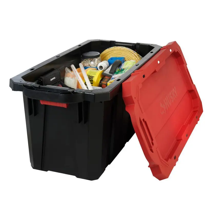Husky 45-Gallon Heavy-Duty Stackable Storage Tote with Wheels – Lockable Black Base & Red Lid