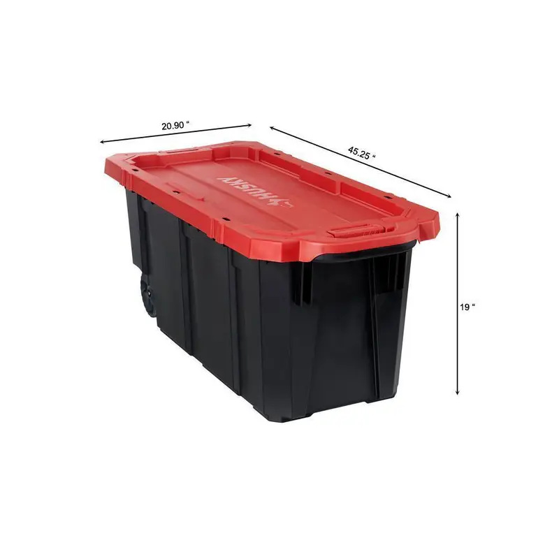 Husky 45-Gallon Heavy-Duty Stackable Storage Tote with Wheels – Lockable Black Base & Red Lid