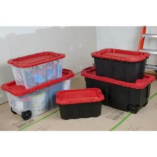 Husky 45-Gallon Heavy-Duty Stackable Storage Tote with Wheels – Lockable Black Base & Red Lid