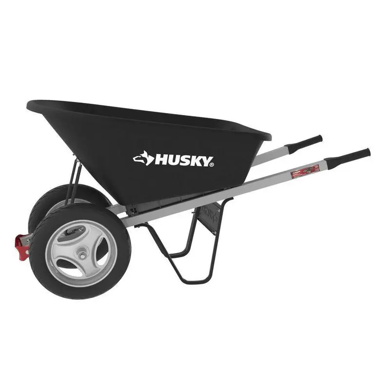Husky 6-Cubic-Foot Poly Wheelbarrow – Dual-Wheel Design with Flat-Free Tires for Heavy-Duty Use