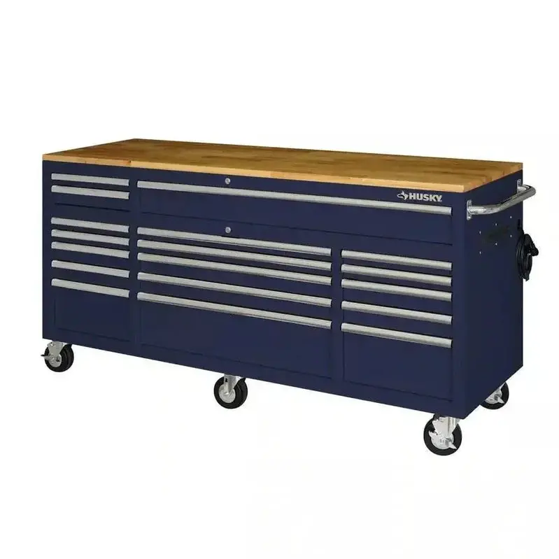 Husky 72-Inch Mobile Workbench – 18-Drawer Heavy-Duty Rolling Cabinet with Solid Wood Top, Gloss Blue Finish