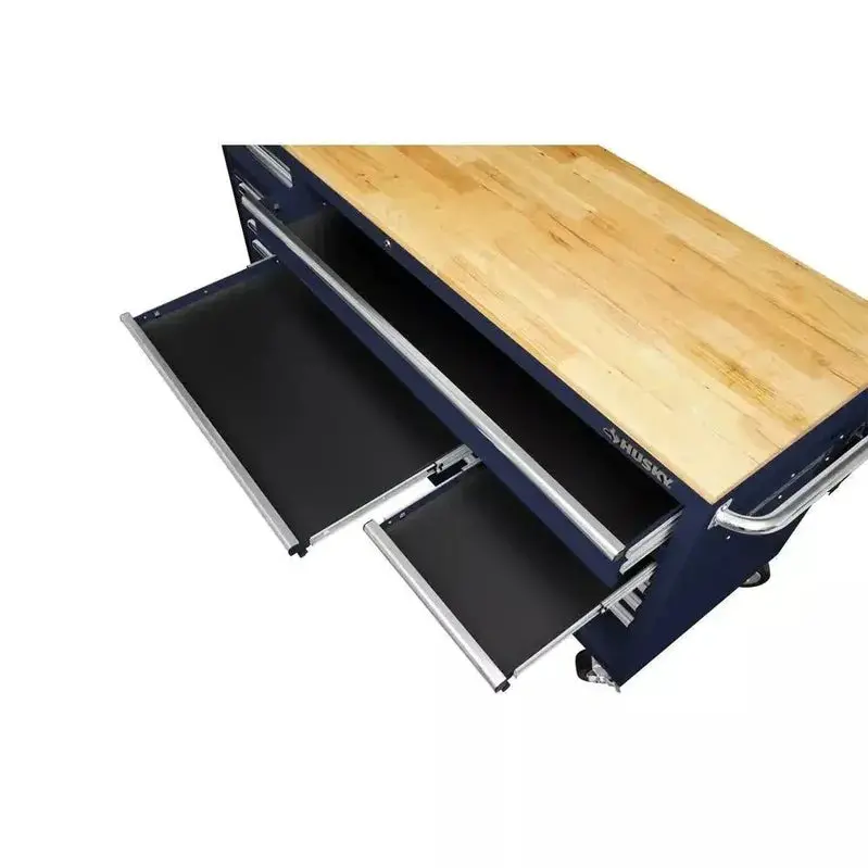 Husky 72-Inch Mobile Workbench – 18-Drawer Heavy-Duty Rolling Cabinet with Solid Wood Top, Gloss Blue Finish