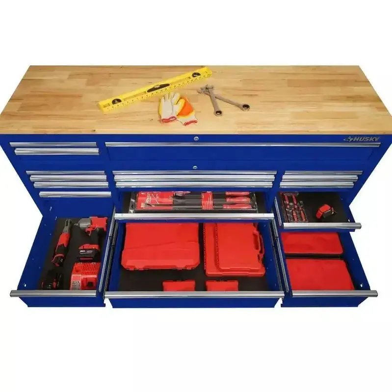 Husky 72-Inch Mobile Workbench – 18-Drawer Heavy-Duty Rolling Cabinet with Solid Wood Top, Gloss Blue Finish