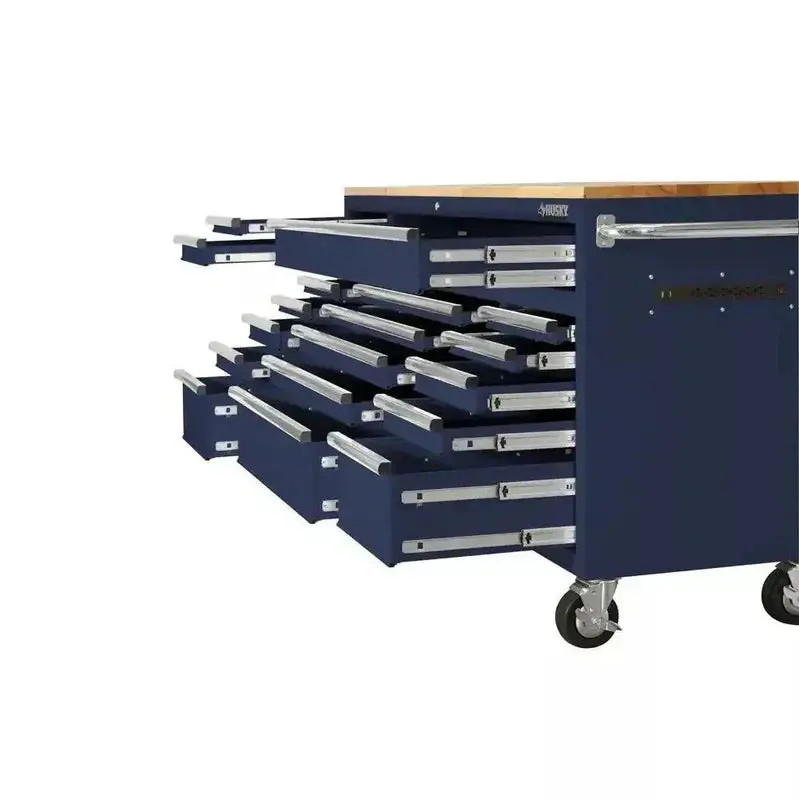 Husky 72-Inch Mobile Workbench – 18-Drawer Heavy-Duty Rolling Cabinet with Solid Wood Top, Gloss Blue Finish