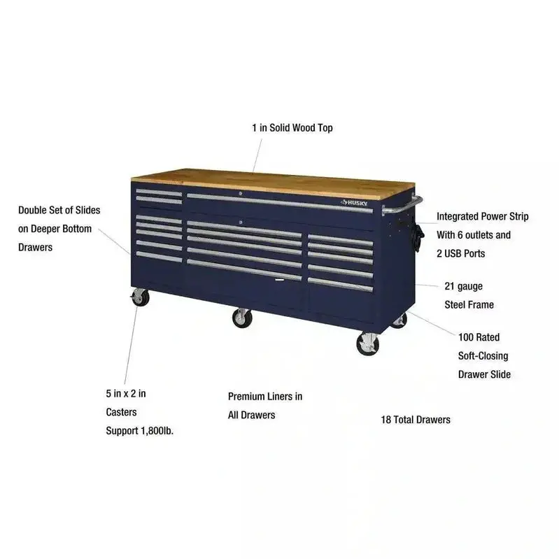 Husky 72-Inch Mobile Workbench – 18-Drawer Heavy-Duty Rolling Cabinet with Solid Wood Top, Gloss Blue Finish