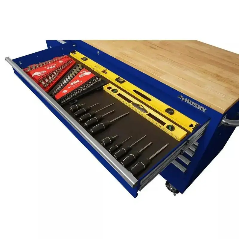 Husky 72" Professional Mobile Workbench – Gloss Blue, Solid Wood Work Surface, 18-Drawer Organization System
