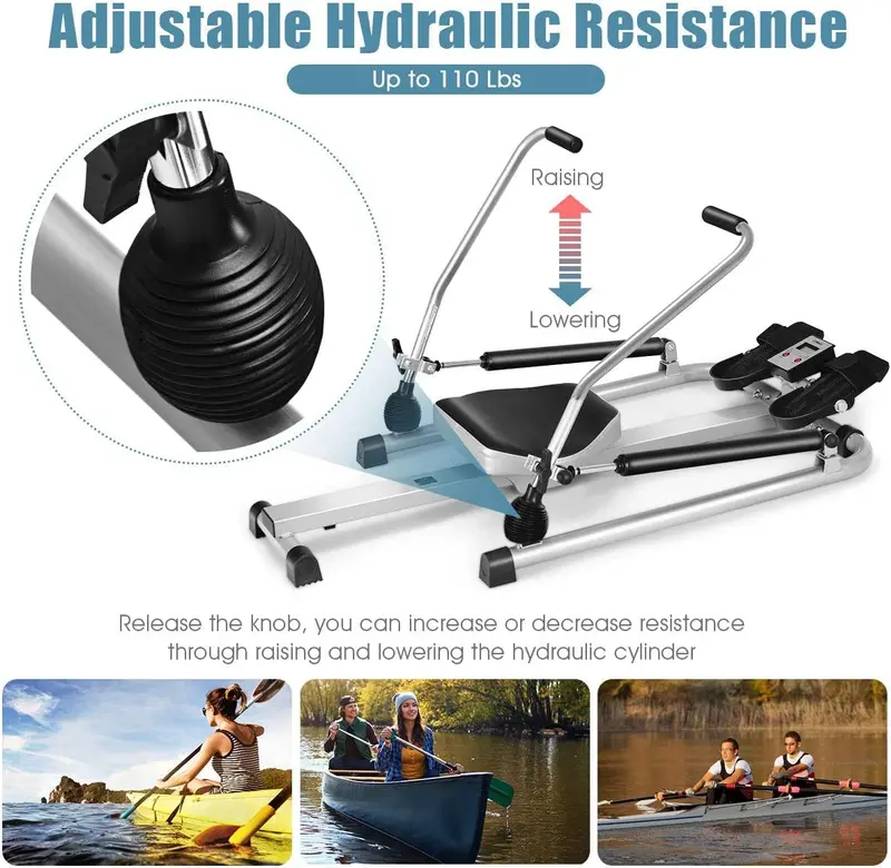 Hydraulic Resistance Rowing Machine with Backlit LCD Performance Monitor