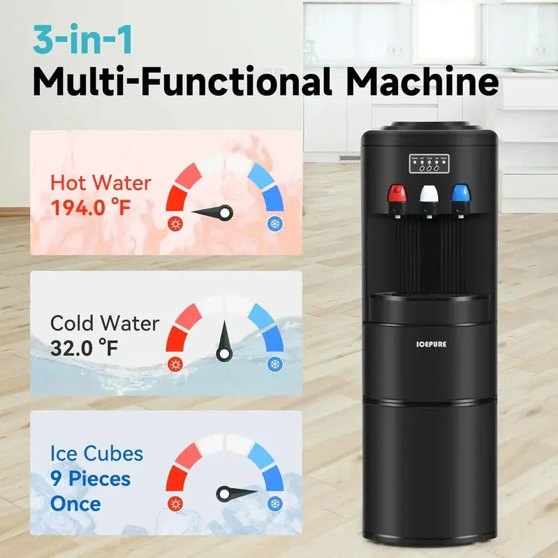 ICEPURE 3-in-1 Hot/Cold Water Dispenser – Built-in Bullet Ice Maker (26.5 lbs/24H), Top-Loading, Child Lock, Black