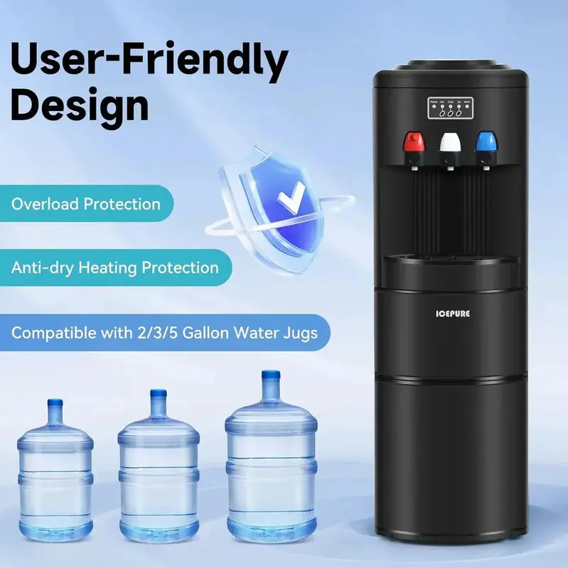 ICEPURE 3-in-1 Hot/Cold Water Dispenser – Built-in Bullet Ice Maker (26.5 lbs/24H), Top-Loading, Child Lock, Black