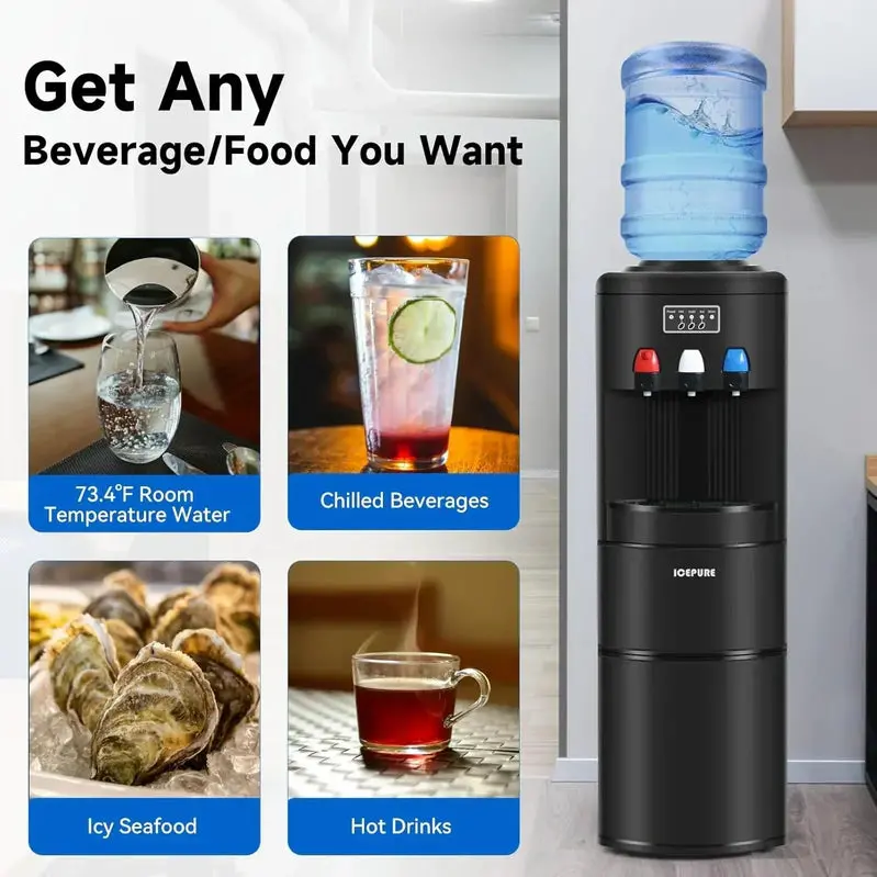 ICEPURE 3-in-1 Hot/Cold Water Dispenser – Built-in Bullet Ice Maker (26.5 lbs/24H), Top-Loading, Child Lock, Black