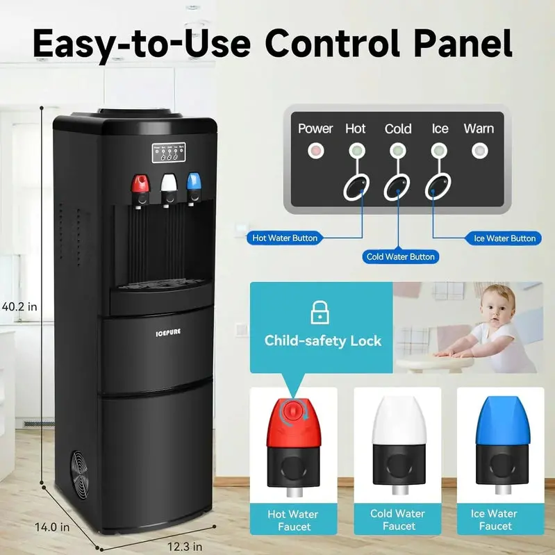 ICEPURE 3-in-1 Hot/Cold Water Dispenser – Built-in Bullet Ice Maker (26.5 lbs/24H), Top-Loading, Child Lock, Black