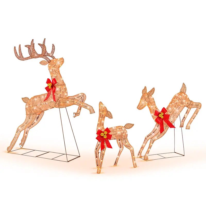 Illuminated Reindeer Trio: Glitter-Finished Pre-Lit Christmas Decor Set