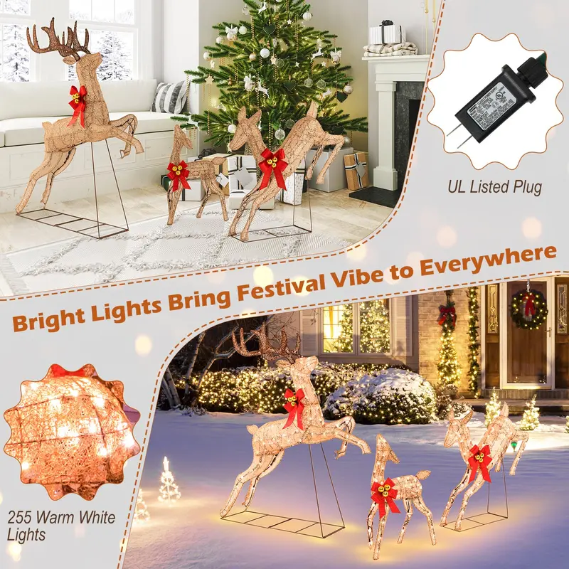 Illuminated Reindeer Trio: Glitter-Finished Pre-Lit Christmas Decor Set 2