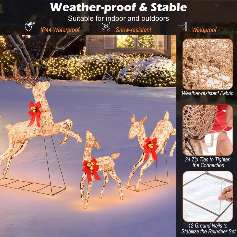 Illuminated Reindeer Trio: Glitter-Finished Pre-Lit Christmas Decor Set