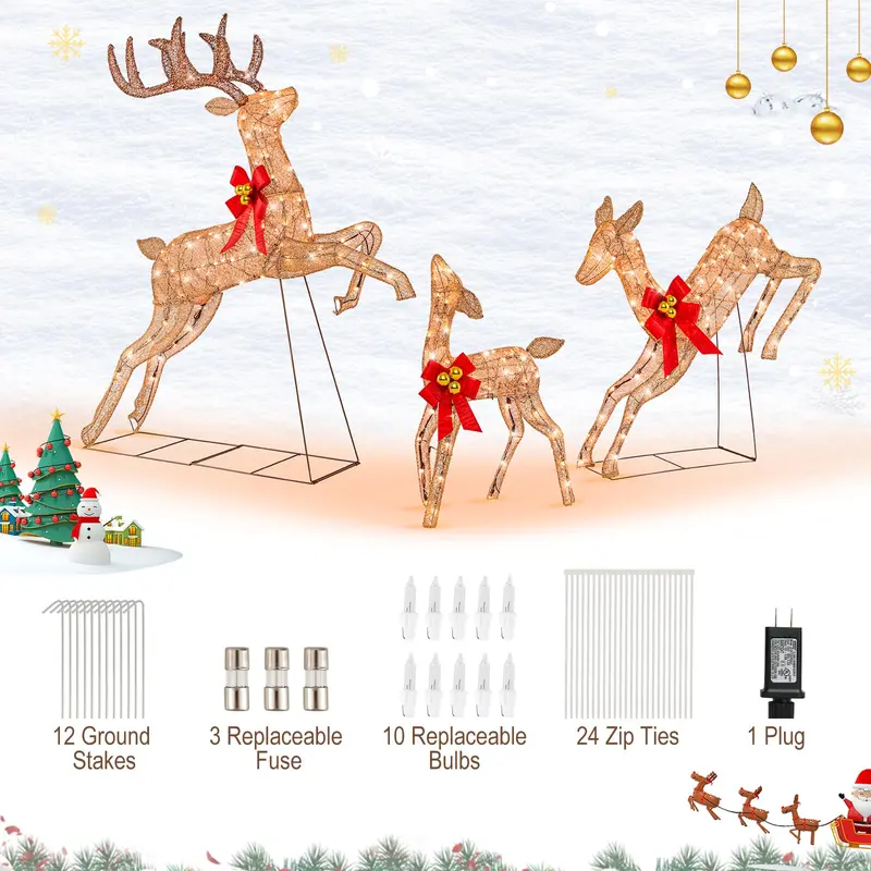 Illuminated Reindeer Trio: Glitter-Finished Pre-Lit Christmas Decor Set