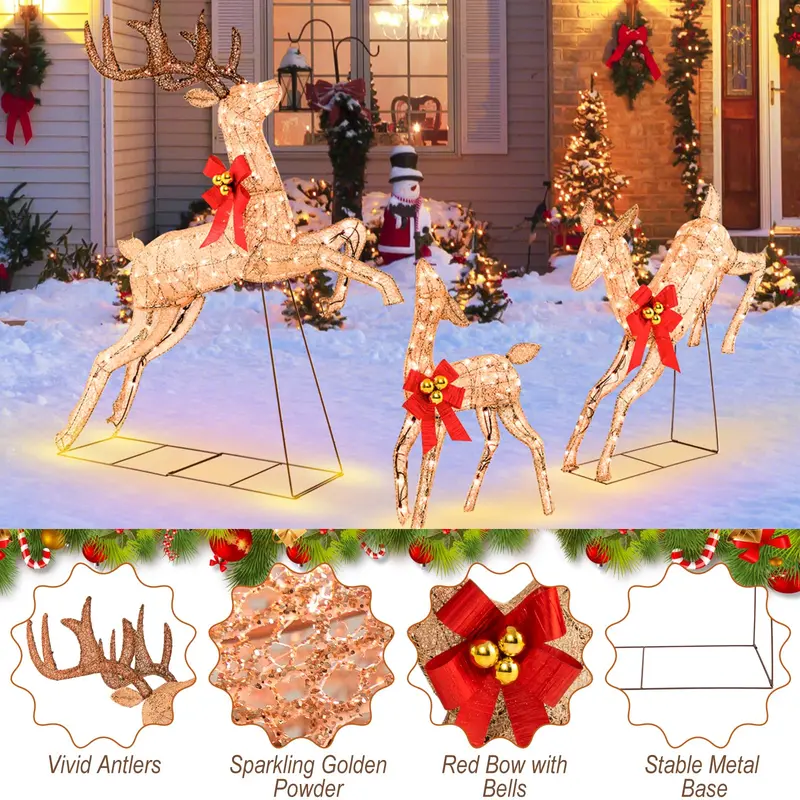 Illuminated Reindeer Trio: Glitter-Finished Pre-Lit Christmas Decor Set