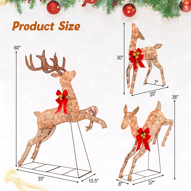 Illuminated Reindeer Trio: Glitter-Finished Pre-Lit Christmas Decor Set